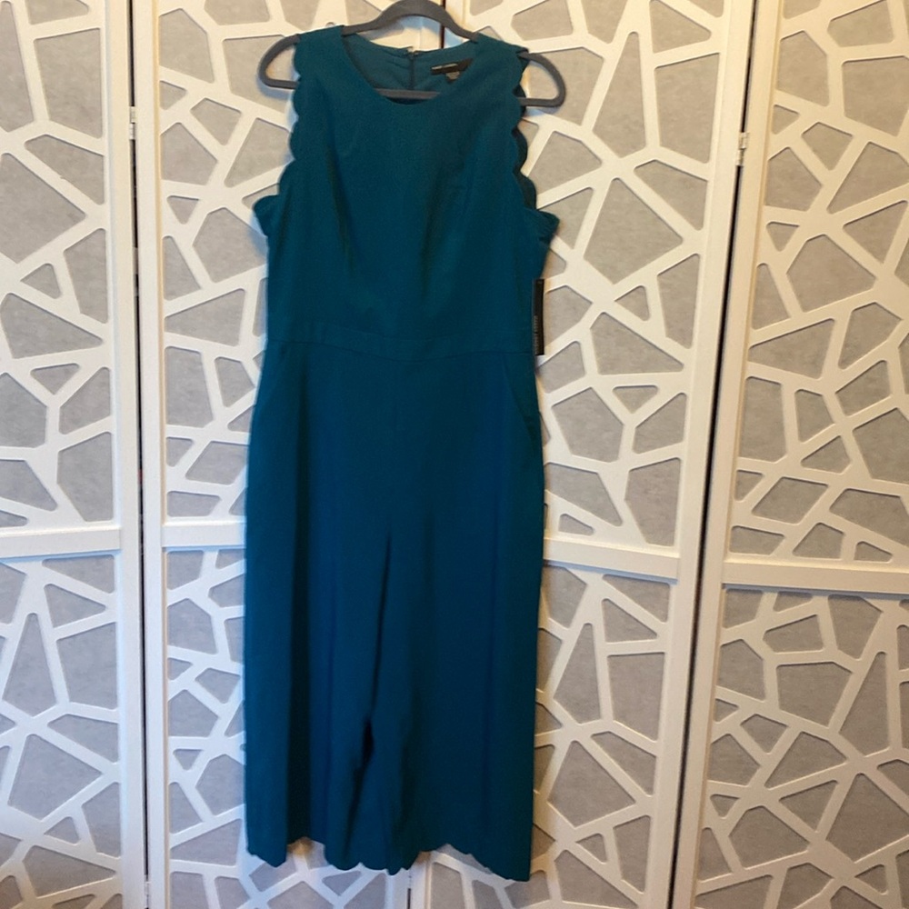 Maggie London; Sleeveless Jumpsuit; Dark Teal w/ scalloped arms and hem; size 14
